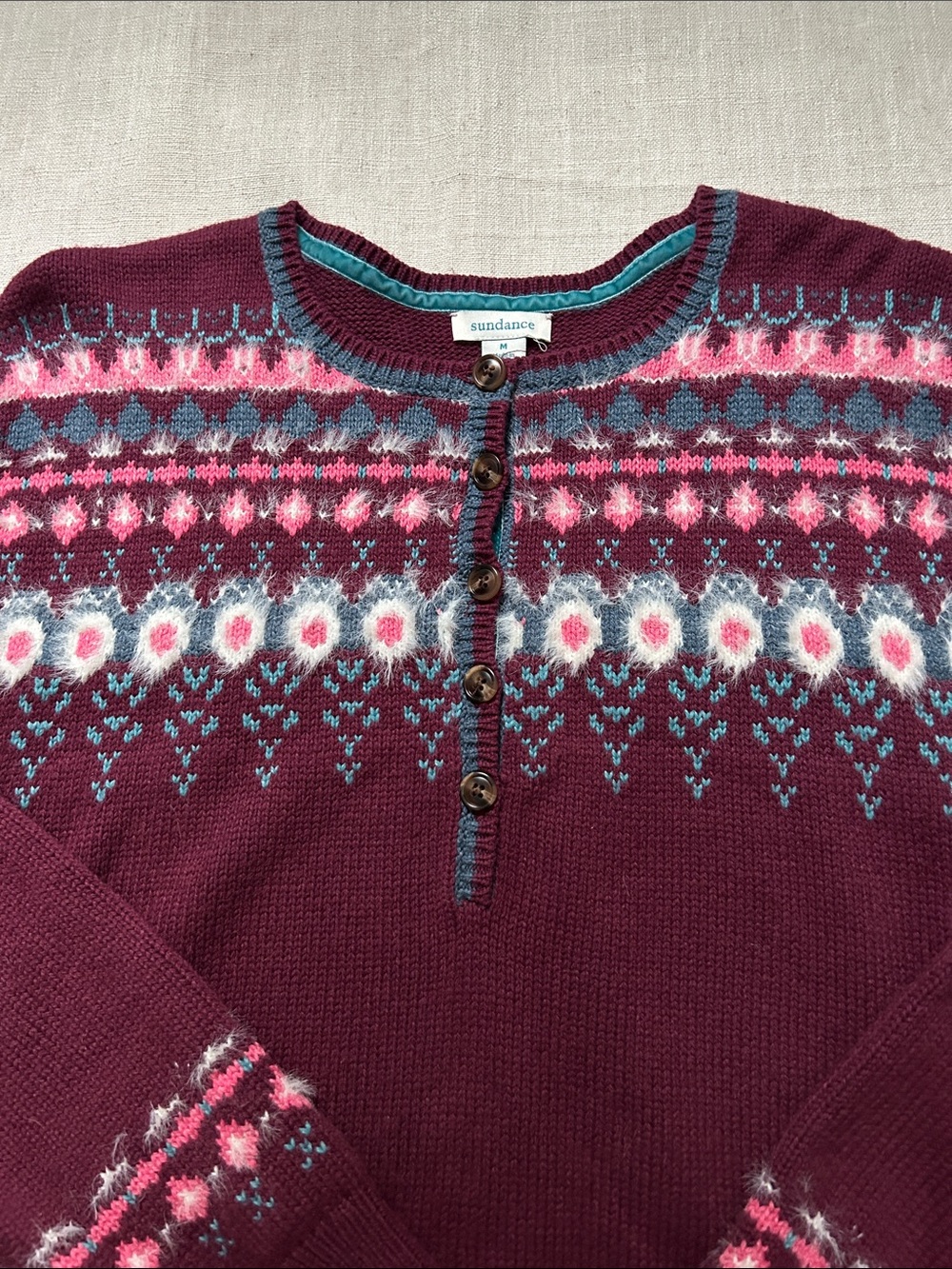 Sundance Fair Isle Sweater Burgundy Women's M Half Button Cotton Snowflake - Picture 2 of 13